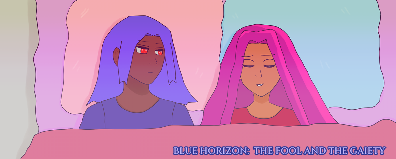 Antonio Chandrani-Rivera with blue hair like waves is peering at Alejandro Altaha softly with a small frown, while Alejandro smiles to himself with his eyes closed. Alejandro has long, drifting violet hair with light casting a rose pink hue to it. He wears a red shirt while Antonio wears a blue one. They're in bed under a rose gold blanket, lying on lavender sheets. Antonio is lying on a pink pillow while Alejandro is lying on a baby blue one. It says 'Blue Horizon: The Fool and the Gaiety' at the bottom right. The floor has gray carpet or such to it.